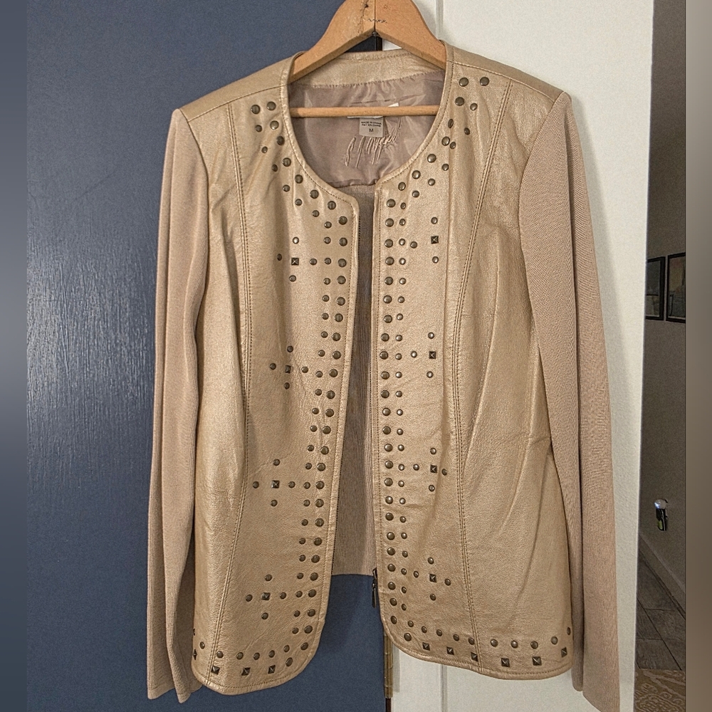 Genuine Leather And Knit Stud-Accented Women's Jacket
